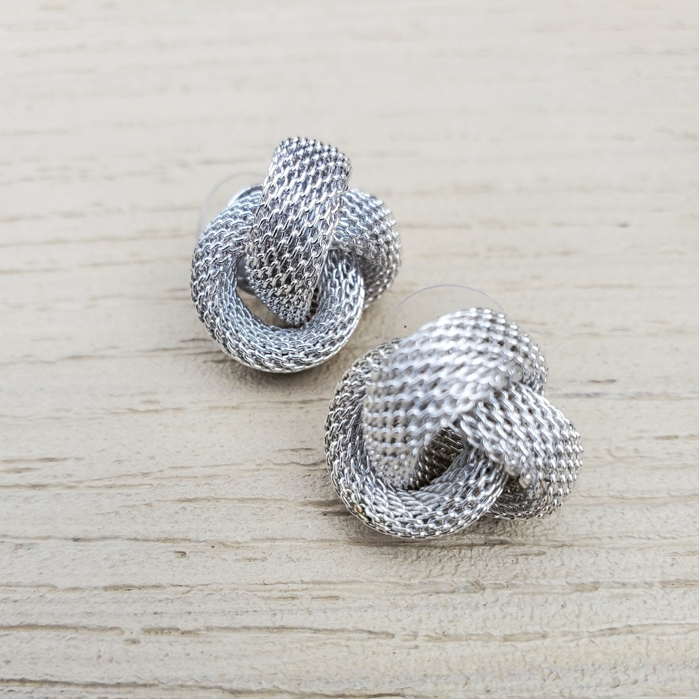Silver tone Mesh Knot Stud Earrings